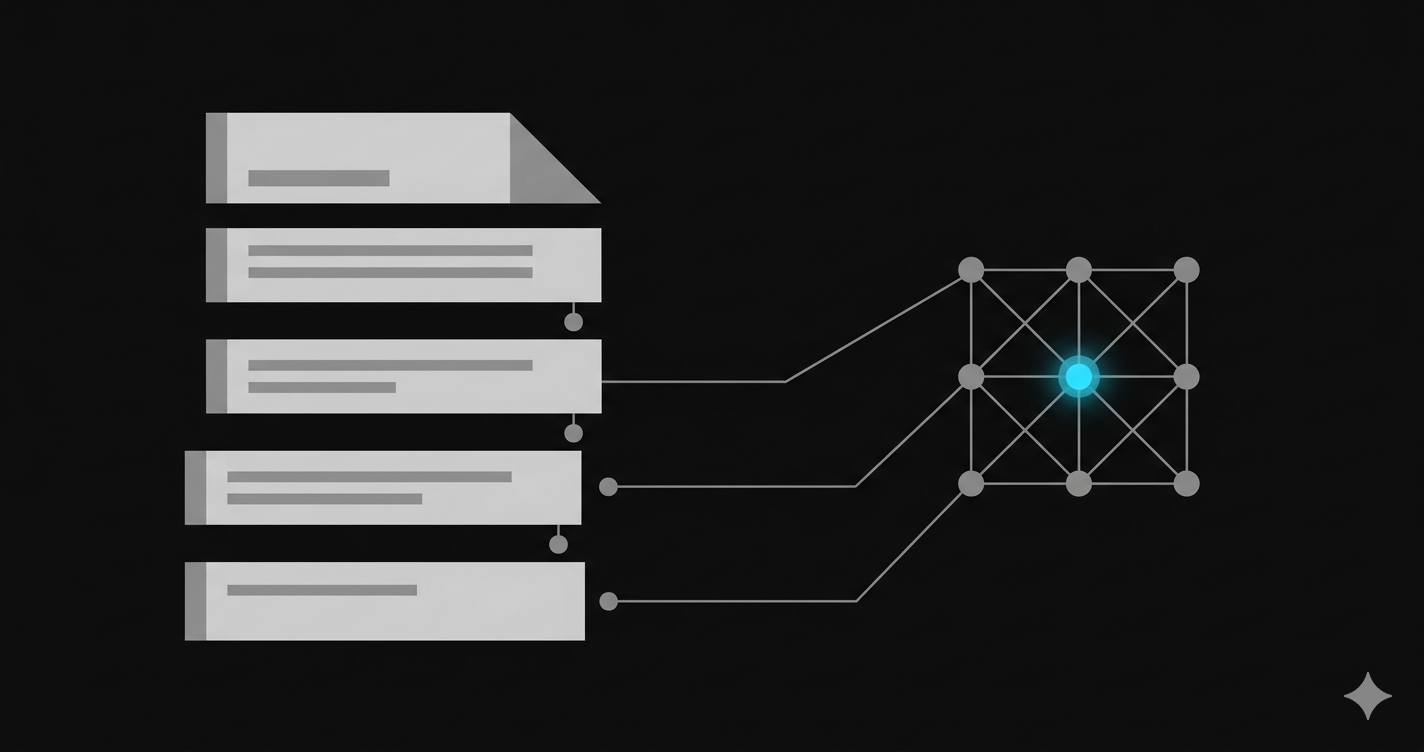 Document chunks connecting to a vector lattice — the RAG index with a highlighted matching node