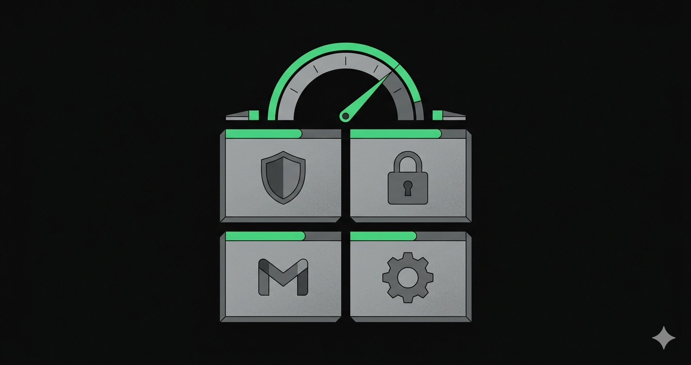 4-pillar posture health score — shield, lock, mail, and gear blocks feeding into a composite gauge